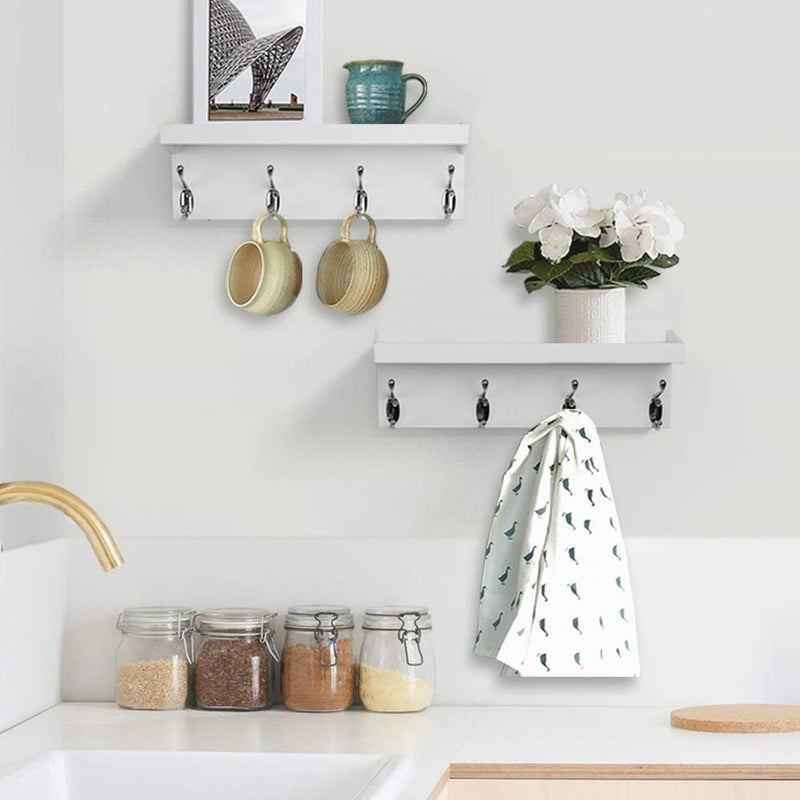 ZGZD White Wall Mounted Coat Rack with Shelf Entryway Hanging Shelves with 4 Double Hooks, Set of 2 - Image 3